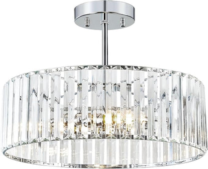 Pevfah Crystal Chrome Ceiling Light, Modern Semi Flush Mount Ceiling Lighting Fixture, Round Hallway Lighting Fixtures Chandelier for Kitchen Entryway Bedroom Dining Room, 3-Light, 15.7 Inch