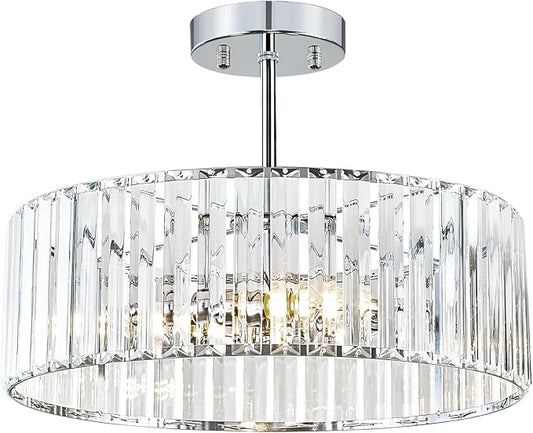 Pevfah Crystal Chrome Ceiling Light, Modern Semi Flush Mount Ceiling Lighting Fixture, Round Hallway Lighting Fixtures Chandelier for Kitchen Entryway Bedroom Dining Room, 3-Light, 15.7 Inch
