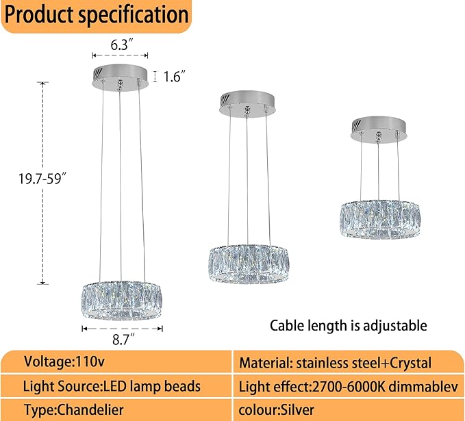 Modern LED Dimmable Crystal Chandelier 8" Ring Silver Pendant Light Fixtures for Kitchen Island Dining Room Living Room