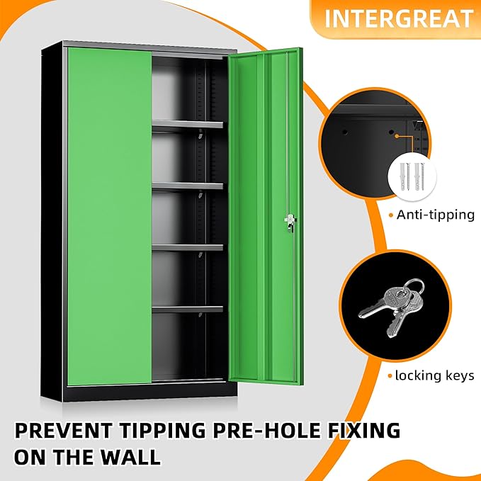 INTERGREAT Metal Storage Cabinet with Doors, 72" Locking Steel Storage Cabinet with Shelves, Tall Metal Cabinet Lockable Steel Cabinets for Home Office, Garage,(Black+Green)