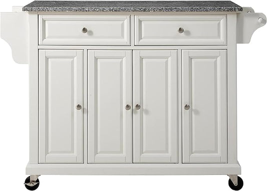 Crosley Furniture Full Size Granite Top Rolling Kitchen Island Storage Cart, Microwave Stand, Spice Rack, White