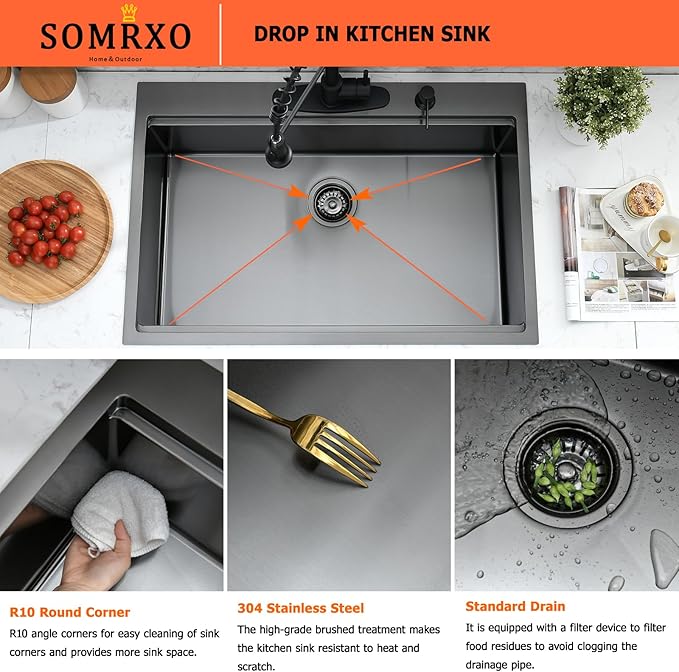 36×22 Black Drop In Kitchen Sink Workstation – 16 Gauge Black Stainless Steel Kitchen Sink, Large Top Mount Single Bowl Commercial Sinks with Accessories