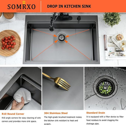 36×22 Black Drop In Kitchen Sink Workstation – 16 Gauge Black Stainless Steel Kitchen Sink, Large Top Mount Single Bowl Commercial Sinks with Accessories
