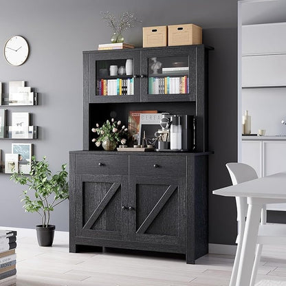 GarveeHome Kitchen Pantry Cabinet with Microwave Stand, Freestanding Hutch Cabinet with Buffet Cupboard, Tall Kitchen Cabinets with Adjustable Shelves for Dining Room, Black