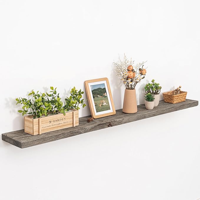 FLYJOE Solid Wood Floating Shelves, 8" Deep Rustic Reclaimed Barnwood Wall Hanging Floating Shelf with Invisible Heavy-Duty Metal Bracket | Wall Mounted | Farmhouse Style | 55 inches,1PC,Grey