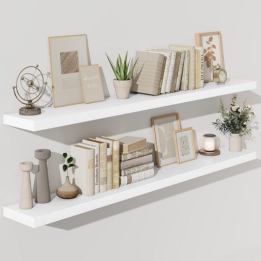 Fun Memories 66 Inch Fireplace Mantel Shelf with Invisible Bracket, 8 Inch Deep Floating Shelf for Living Room, Kitchen, Farmhouse, White (2-Pack)