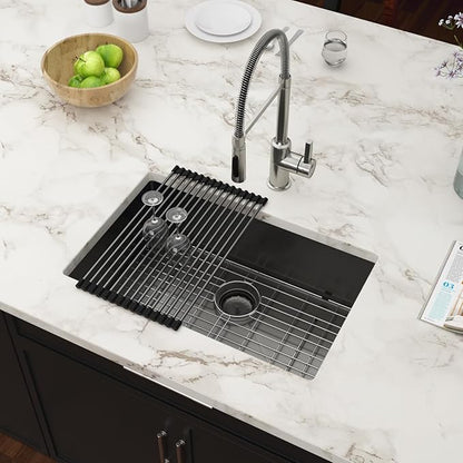 Black Undermount Kitchen Sink 28 Inch - Couoko Gunmetal Black Single Bowl Undermount Sinks 16 Gauge T304 Stainless Steel Large Deep NANO PVD Handmade Round Corner Kitchen Sinks 28"x18"x9"
