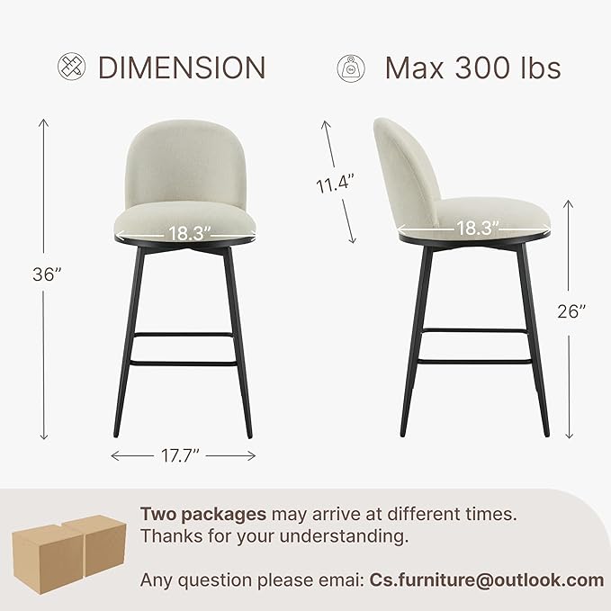 KISLOT Counter Height Swivel Bar Stools Set of 4, 26" Upholstered Linen Fabric Barstools with Backs and Metal Legs for Kitchen Island,Linen