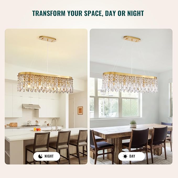 Siljoy Rectangular Gold Crystal Chandelier for Dining Room, 10-Light Modern Oval K9 Crystal Raindrop Chandelier Luxury Crystal Island Light for Living Room Kitchen Bar L40'' x W11'' x H10.6''