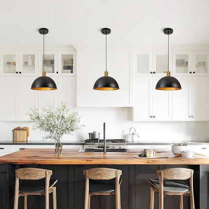 12 Inch Black Dome Pendant Lights 3 Pack for Kitchen Island, Height Adjustable Farmhouse Industrial Hanging Light Fixtures Over Table for Dining Room, Entryway