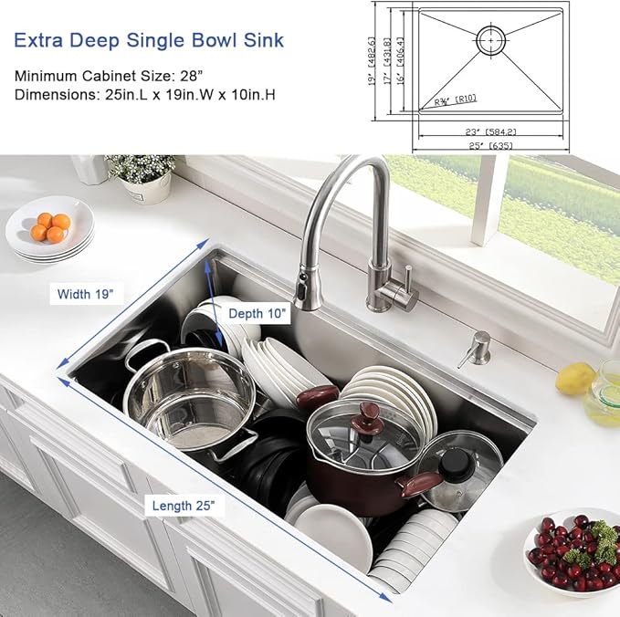 Stainless Steel Kitchen Sink Undermount-Hovheir 25x19 Undermount Kitchen Sink Workstation Sinks 16 Gauge Stainless Steel Single Bowl Deep Under Mount Sinks with Cutting Board