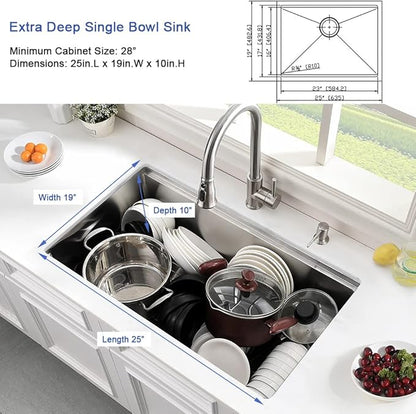 Stainless Steel Kitchen Sink Undermount-Hovheir 25x19 Undermount Kitchen Sink Workstation Sinks 16 Gauge Stainless Steel Single Bowl Deep Under Mount Sinks with Cutting Board