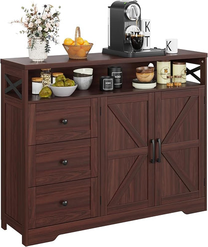 Befrases Dark Brown Farmhouse Storage Cabinet with Doors & Drawers, Sideboard Buffet Cabinet with Storage, Kitchen Pantry Hutch, Coffee Bar Station Table for Kitchen, Livingroom, Dining Room