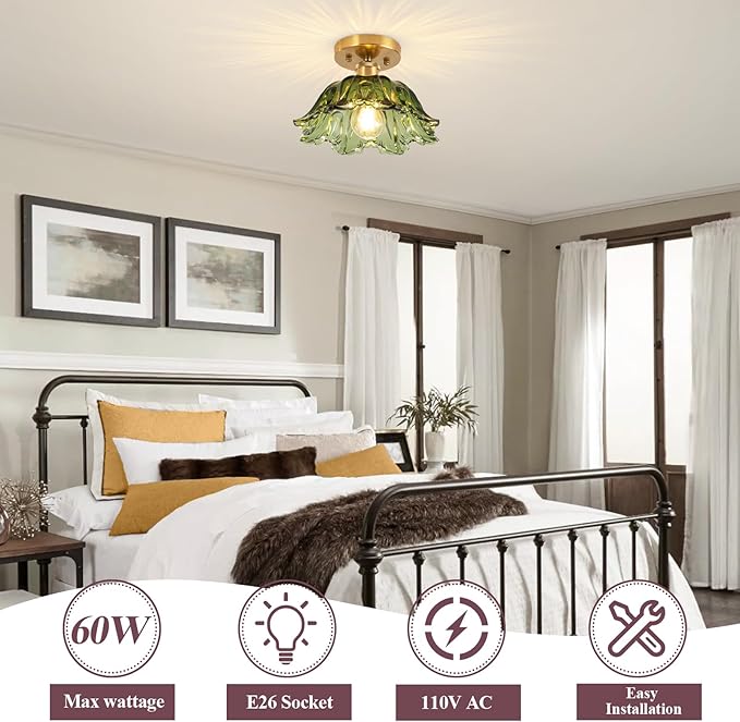 Semi Flush Mount Ceiling Light, Vintage Ceiling Light 11", Green Shade Glass Light Fixture for Kitchen Bedroom Dining Room,Bulb not Included