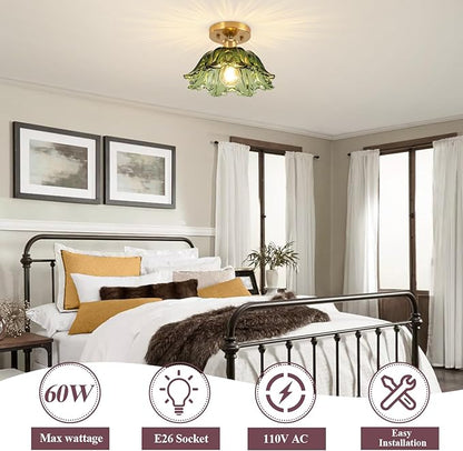 Semi Flush Mount Ceiling Light, Vintage Ceiling Light 11", Green Shade Glass Light Fixture for Kitchen Bedroom Dining Room,Bulb not Included