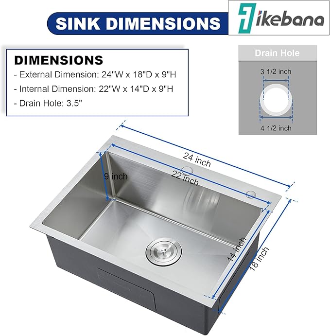 IKEBANA 24 x 18 Inch Brushed Nickel Kitchen Sink Drop in, 16 Gauge Stainless Steel Wet Bar Sink Topmount Single Bowl Small Kitchen Sinks, Outdoor RV Prep Sinks With Dish Grid& Drain
