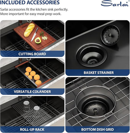 Sarlai 33 Matte Black Drop-In Kitchen Sink Workstation - 33x22 Inch Drop Kitchen Sink with Ledge NANO-Tech Black Topmount Round Corner 16 Gauge Stainless Steel Single Bowl Sinks Basin