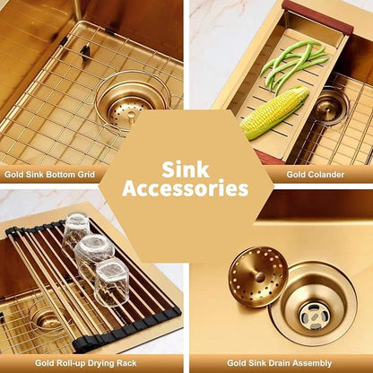 LQS Gold Kitchen Sink 33x22, 33 Inch Drop In Kitchen Sink Double Bowl, Handmade Deep & Large Stainless Steel Kitchen Sink with Low-Divider