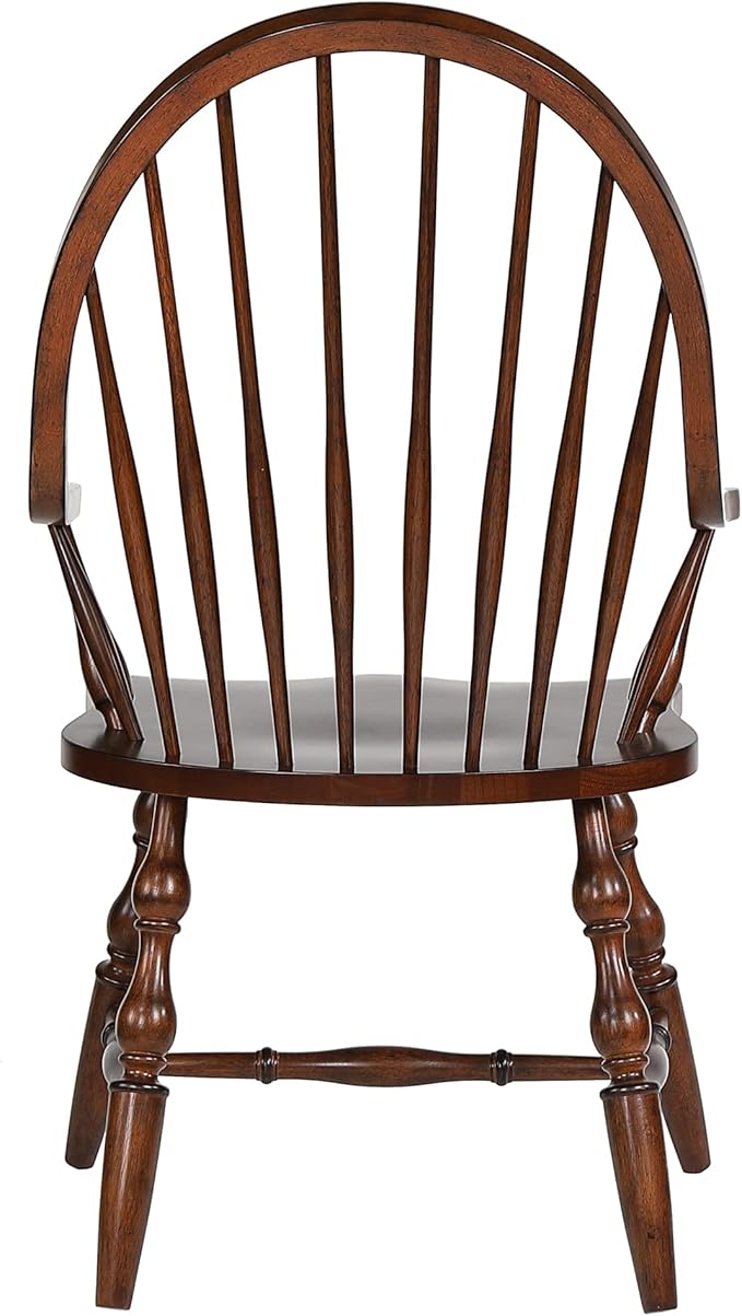 Sunset Trading Andrews Windsor Spindleback Dining Chair with Arms | Fully Assembled Kitchen Armchair| Modern Farmhouse Minimalist Country Cottage | Distressed Chestnut Brown Solid Wood