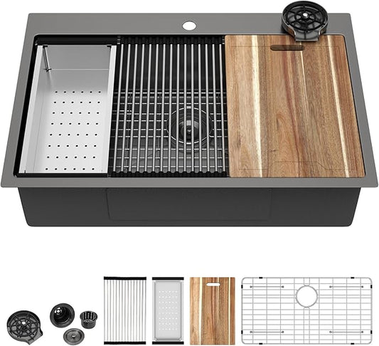 33 Black Drop In Kitchen Sink - Kichae 33 x 22 Drop In Kitchen Sink Workstation Gunmetal Black Nano Coating 304 Stainless Steel 16 Gauge with Glass Rinser & Cutting Board