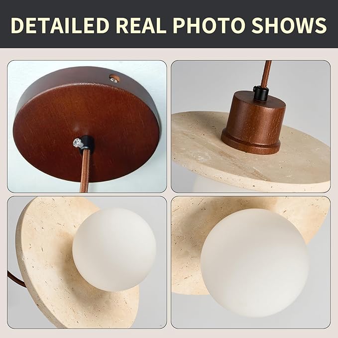 Japanese Wabi sabi Pendant Light with Natural Stone Shade, Dimmable Modern Wood Hanging Lamp Fixture, Adjustable Height Pendant Lamp for Bedroom, Kitchen Island, Dining Room, Restaurant, Cafe, Bar (M)