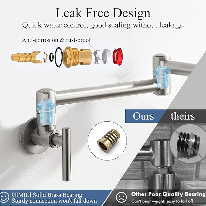 Pot Filler Faucets - for Kitchen, Sink, Stove and Bar with Brass Wall Mount Double Joint Swing Arms - Leak Free Designs with High-Flow Aerators - Retractable and Folding Save Space - Brushed Nickel