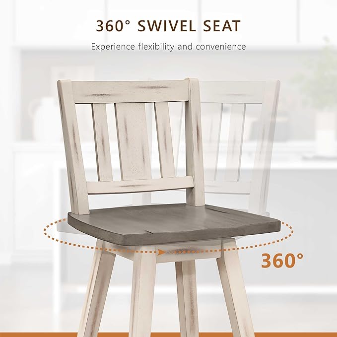 Lexicon Bar Height Bar Stools Set of 2-Solid Wood Frame 360° Swivel Wooden Stools, Foot Rest, Slat Back, Wide Seat, Distressed Farmhouse Easy to Clean Finish, 28.5" SH, Antique White/Grey