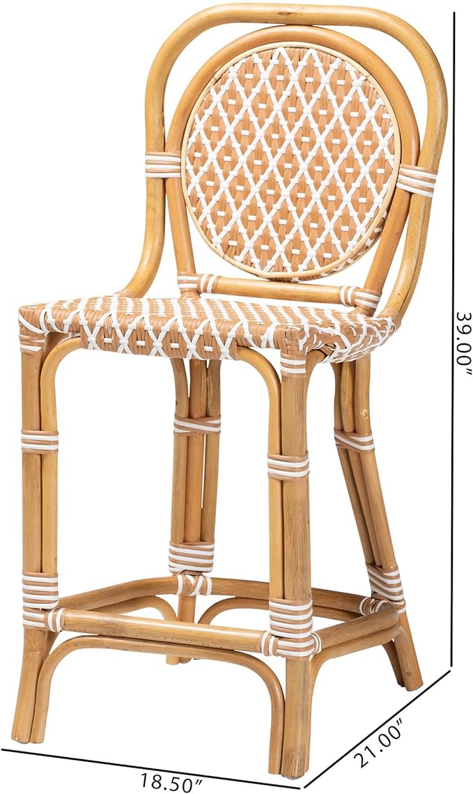 Bali & pari Mattie Rattan Bistro Counter Stool - Handwoven Accent Seating with Backrest for Kitchen Island or Indoor/Outdoor Lounge, Honey Natural & White
