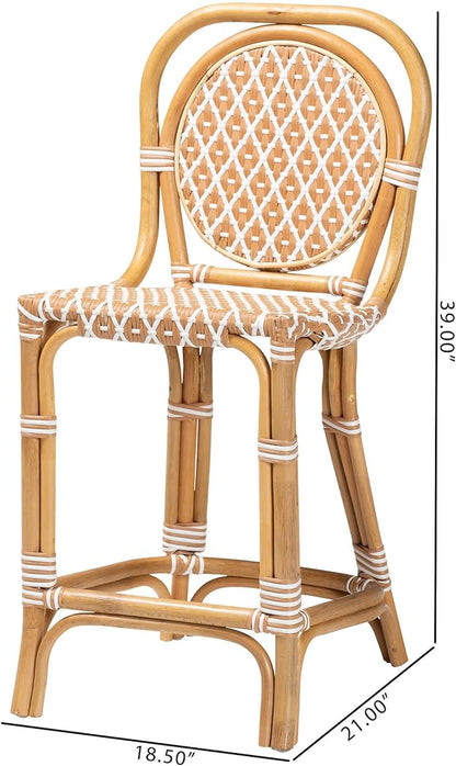 Bali & pari Mattie Rattan Bistro Counter Stool - Handwoven Accent Seating with Backrest for Kitchen Island or Indoor/Outdoor Lounge, Honey Natural & White