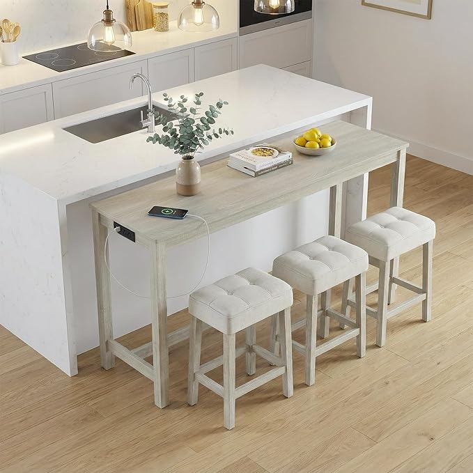 COSTWAY 4-Piece Breakfast Nook Bar Set with Built-in Charging Station, Counter Height Table with 3 Stools, Farmhouse Dining Room Table & Chairs with Wooden Frame & Cushioned Seat for Kitchen, Gray