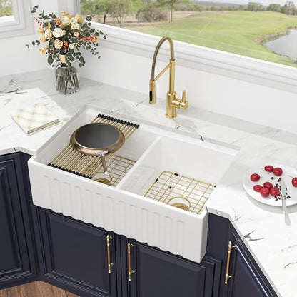 33 White Farmhouse Sink Double Bowl- Kichae 33 x 20 Inch Farmhouse Kitchen Sink Ledge Workstation Apron Front Ceramic Porcelain Single Bowl with Gold Accessories