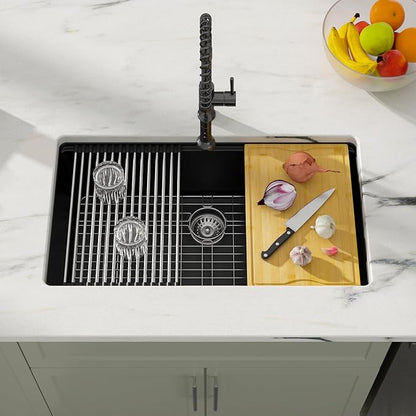 Dcolora Matte Black Quartz Kitchen Sink 33” Undermount Single Bowl, Workstation Design with Accessories, Durable Heat & Scratch Resistant Granite Sink #DC-GU7743