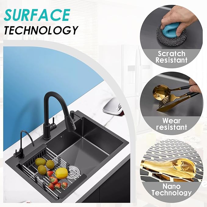 Drop In Kitchen Sink with Faucet Combo18 Gauge Stainless Steel Single Bowl Kitchen Sink Large Deep Round Corner Handmade Topmount Overmount Basin Kitchen Sinks (32"x19")