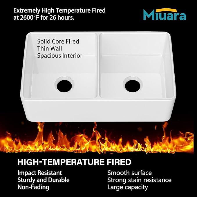 Miuara Farmhouse Sink Double Bowl 33 Inch - White Apron Front Kitchen Sink Reversible 33"x18"x10", Undermount Installation, Farm House﻿ Style Dual Basin 50/50, Heavy Duty Solid Fireclay, for Kitchen