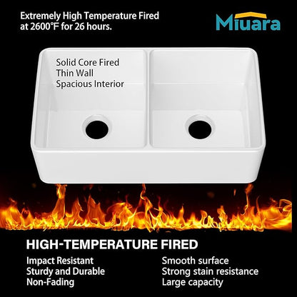 Miuara Farmhouse Sink Double Bowl 33 Inch - White Apron Front Kitchen Sink Reversible 33"x18"x10", Undermount Installation, Farm House﻿ Style Dual Basin 50/50, Heavy Duty Solid Fireclay, for Kitchen