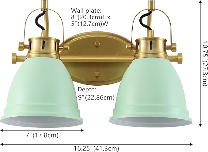 JONATHAN Y 16.25" Mint Green/Brass Gold 2-Light LED Vanity Light, Adjustable Wall Sconce for Bathroom Mirror, Farmhouse Bohemian Kitchen Light, Iron Black Bell Shade (JYL1115D)