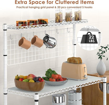 Leteuke 42 Inch Bakers Rack with Wheels, 4-Tier Microwave Stand Kitchen Shelves, NSF Certified Kitchen Storage Cart, Heavy Duty Utility Cart with 20 Hooks & Shelf Liners, 42× 18× 63 Inch, White