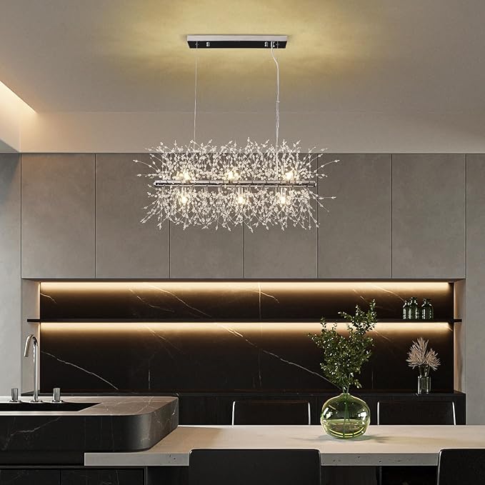 Modern Crystal Chandeliers Firework, 9-Light Chrome Rectangle Linear Dandelion Dining Room Chandelier, Mid Century Sputnik Firework Ceiling Light Fixture for Living Room Kitchen Island Store (L 28.8")