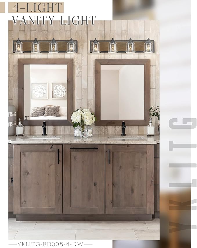 Vanity Lights for Bathroom Large 31.5", Farmhouse Rustic Vanity Light with Bubble Glass Shades, Brown 4 Light Bathroom Lighting Fixtures Over Mirror, Bath Wall Sconce Home Decor