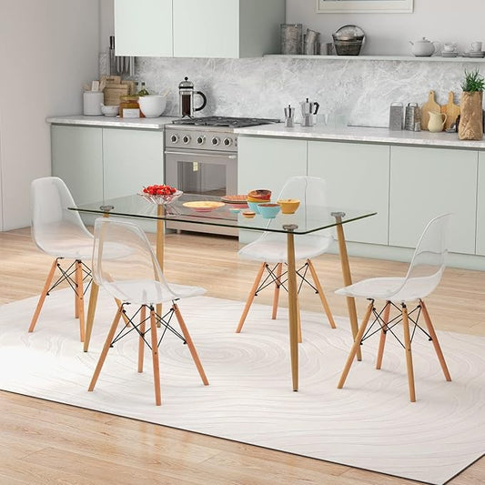 Giantex 5-Piece Dining Table Set, Modern Dinette Set of 5, 51" L X 27.5" W Table & Chair Set for 5, Rectangular Glass Dining Table & 4 Transparent Chairs for Dining Room, Kitchen, Living Room