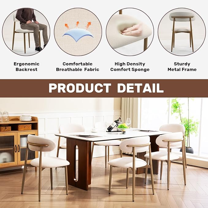 UVV Dining Chairs Set of 2, Metal Kitchen Chairs with Modern Fabric Upholstered for Dining Room, Beige