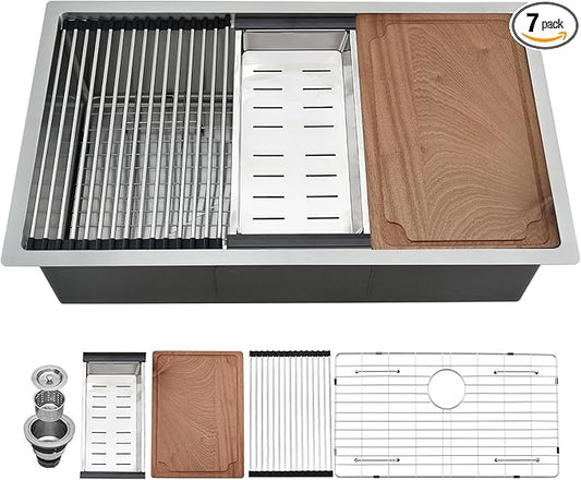 28 Inch Undermount Kitchen Sink, 28x18 Inch Stainless Steel Kitchen Sink Undermount Ledge Workstation 16 Gauge Handmade Commercial 10 Inch Deep Single Bowl Basin with Cutting Board