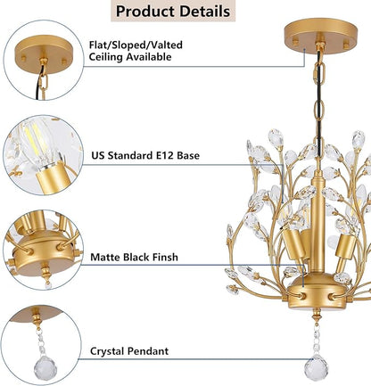 Small Gold Crystal Chandelier, Farmhouse 3-Light Branch Crystal Pendant Light with 47.2'' Adjustable Chain, Vintage 13.8'' Ceiling Hanging Light Fixture for Dining Room, Kitchen, Entryway