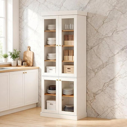 70.8" Farmhouse Kitchen Pantry Cabinet with Glass Doors, Modular Storage Cabinet with 6-Tier Adjustable Shelves, Large Storage Cabinet for Kitchen or Living Room, White