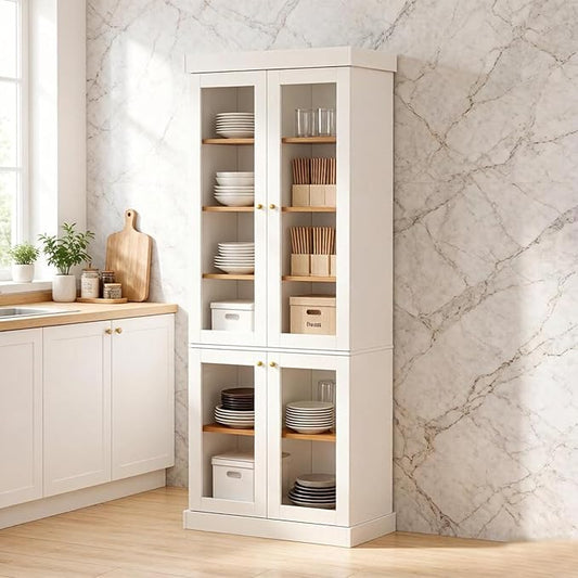 70.8" Farmhouse Kitchen Pantry Cabinet with Glass Doors, Modular Storage Cabinet with 6-Tier Adjustable Shelves, Large Storage Cabinet for Kitchen or Living Room, White