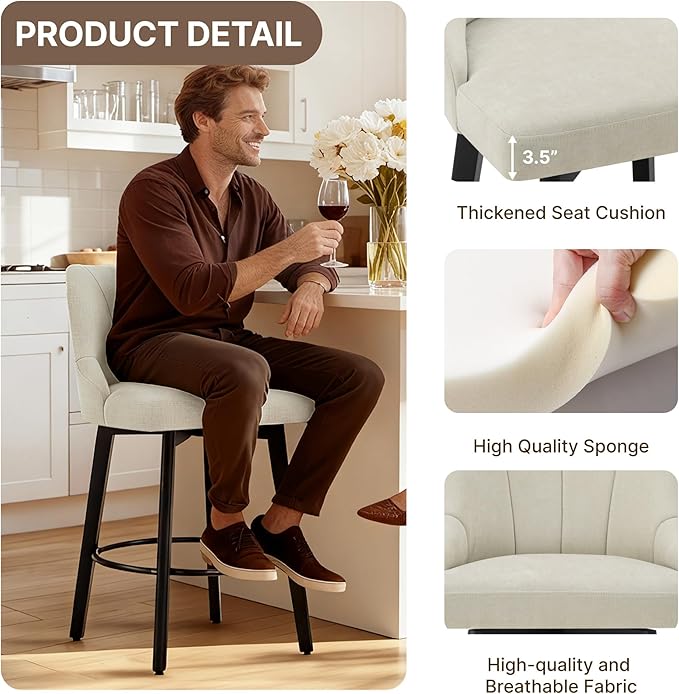 24" Counter Height Bar Stools Set of 4, Swivel Bar Stools with Backs, Fabric Upholstered Counter Barstools with Solid Wood Legs for Kitchen Island,Sand