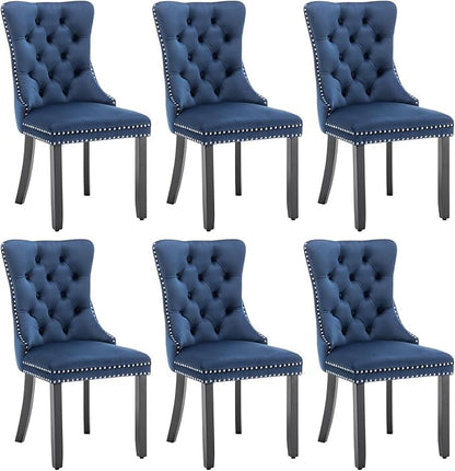 Eifizek Velvet Dining Chairs Set of 6, Tufted Dining Room Chairs with Nailhead Ring Pull Trim, Upholstered Dining Chairs with Solid Wood Legs for Kitchen Dining Room, Sillas De Comedor (Blue)