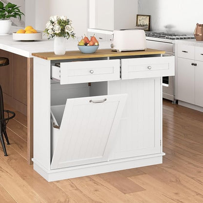 Giantex Tilt Out Trash Can Cabinet, Kitchen Island Table w/Solid Wood Top, 2 Drawers, Adjustable Shelf for Hidden Laundry Hamper, Pet Proof Garbage Can for Dining Living Room (White, 14.5 Gal)