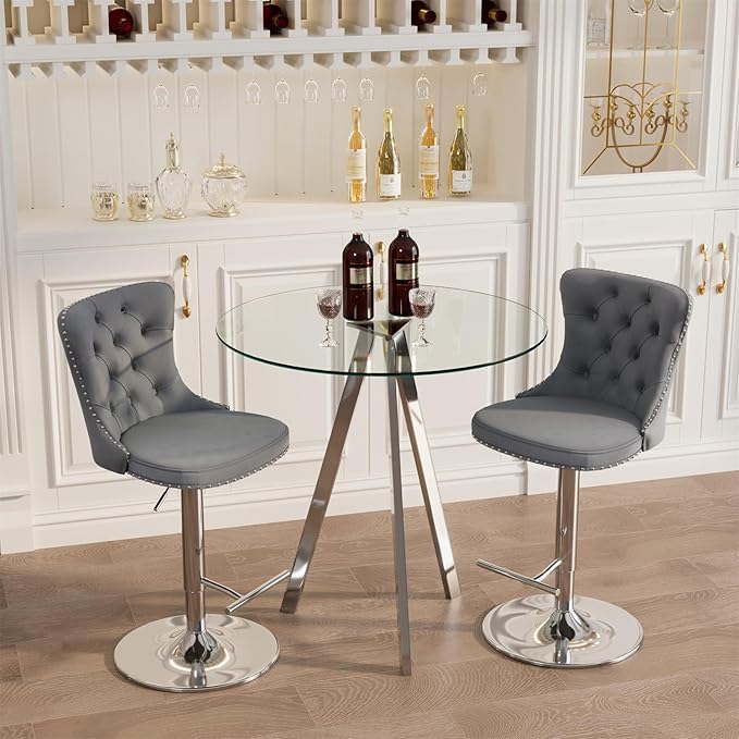 yeag 31.5'' Glass Round Bar Table Set with Stools, Modern High Top Pub Bistro Table & 2 Adjustable Metal Bar Stool Velvet Swivel Bars Chairs (Silver Metal Legs, Clear Top + Grey Chair)