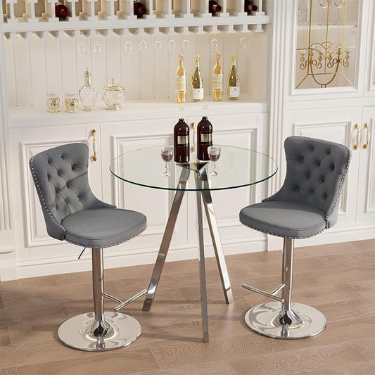 yeag 31.5'' Glass Round Bar Table Set with Stools, Modern High Top Pub Bistro Table & 2 Adjustable Metal Bar Stool Velvet Swivel Bars Chairs (Silver Metal Legs, Clear Top + Grey Chair)